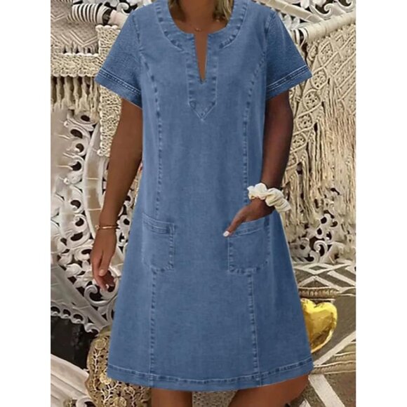 Women Denim Dress Short Sleeve Midi A-line Casual Summer Shift - Picture 2 of 5